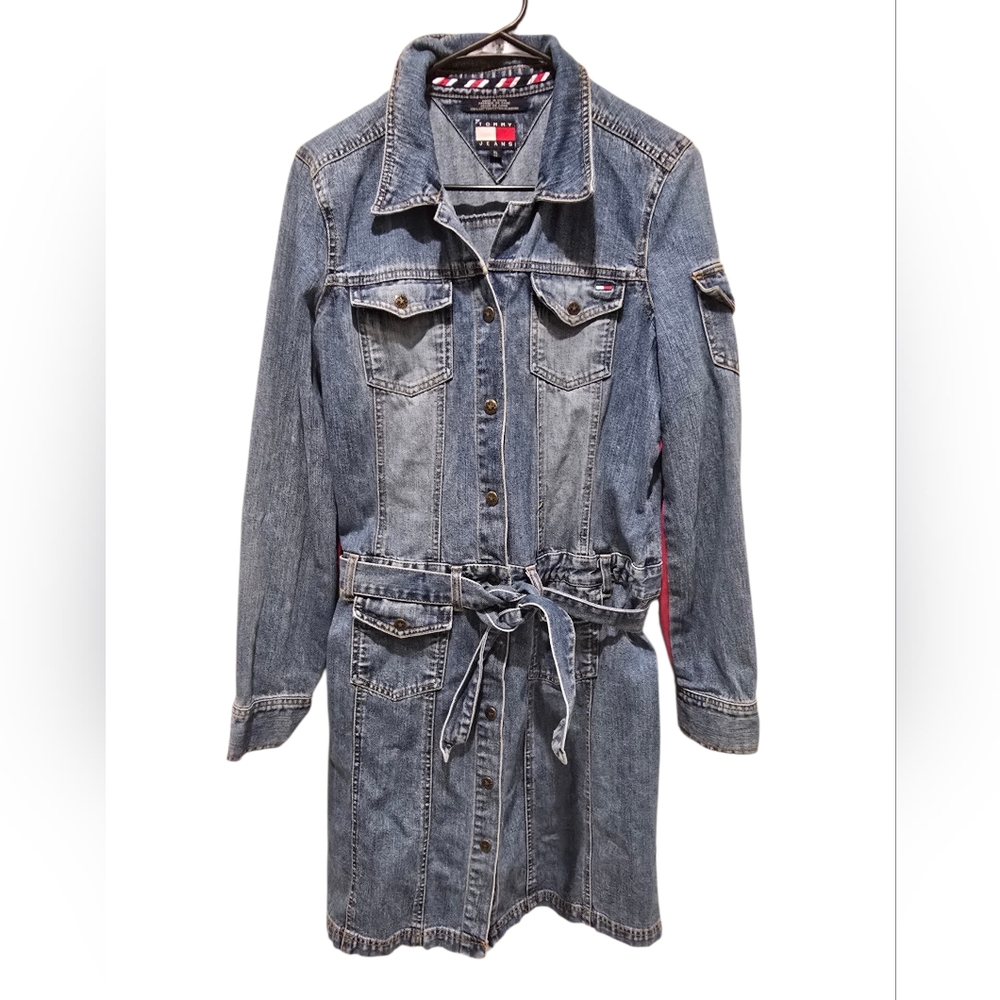 Vintage 90s Tommy Hilfiger Long Jean Jacket Coat With Belt